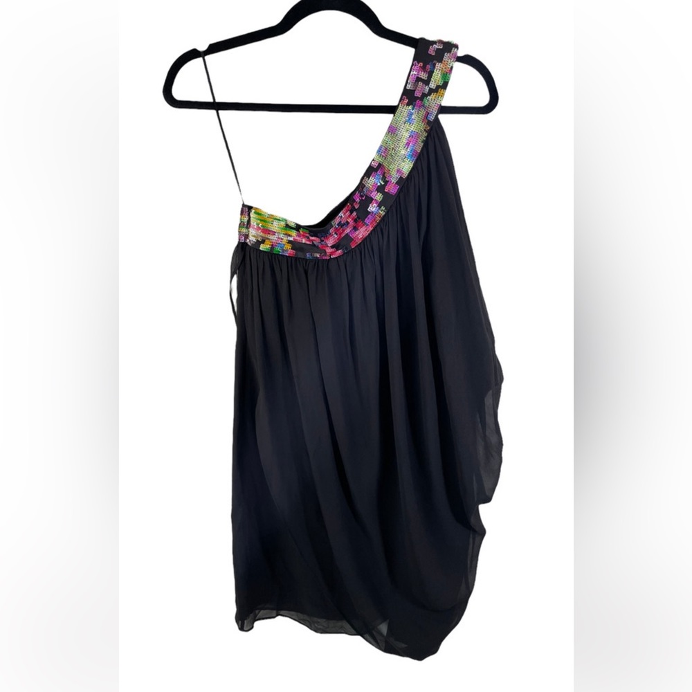 Trina Turk Women's 100% Silk One Shoulder Sequin Cocktail Dress Black Multi